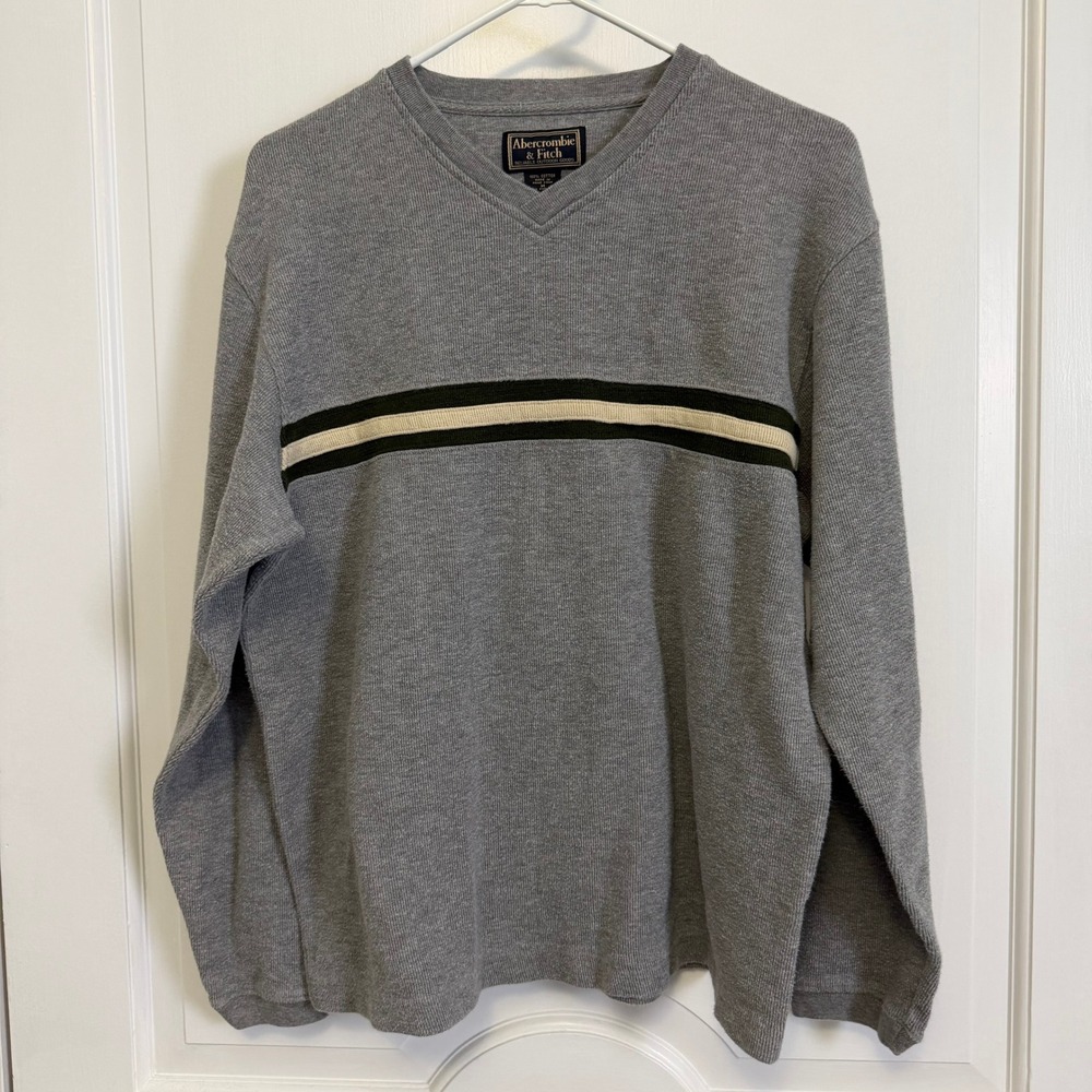 Abercrombie & Fitch V-Neck Sweater Mens Medium Gray Striped cotton